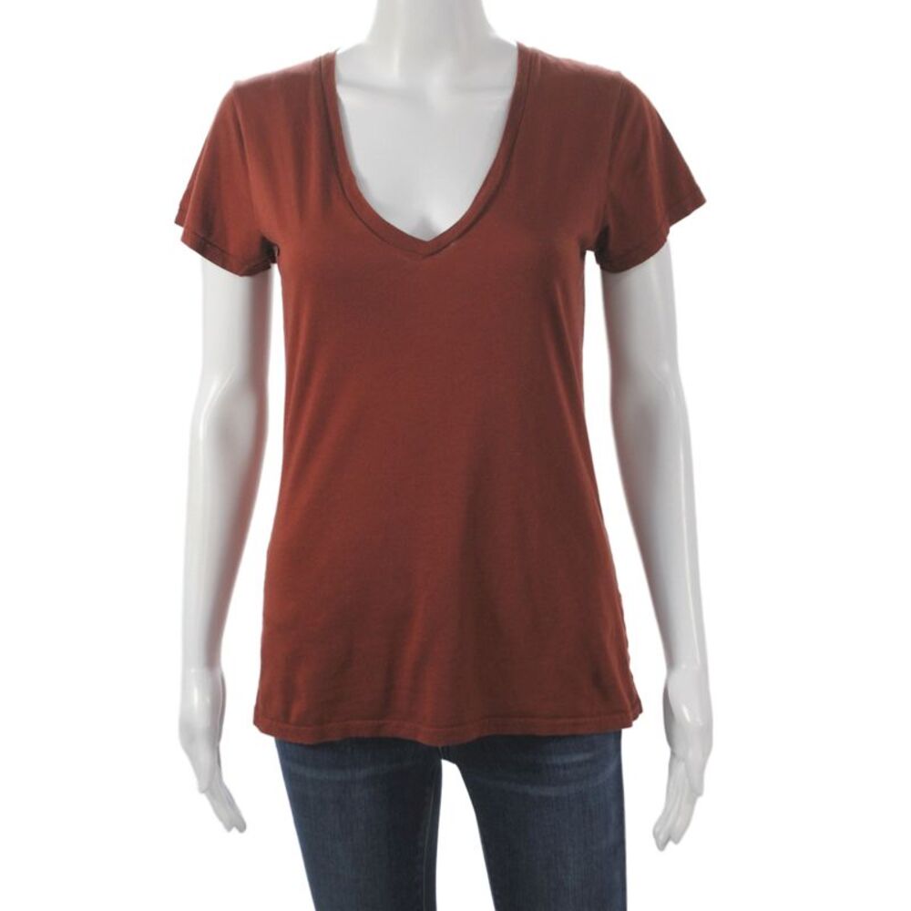 Nili Lotan Women Jersey V-Neck T-Shirt Brown Cotton Short Sleeve Size S